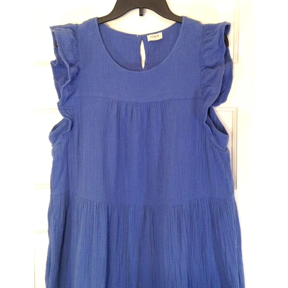 J.Crew Dress Wn L Blue Babydoll Tiered Ruffled Pockets Peasant Milkmaid Cottage - Picture 4 of 11